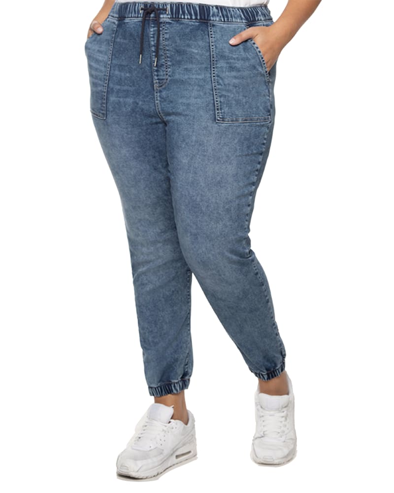 Plus size model wearing Jackie High Waisted Denim Jogger by Dex Plus | Dia&Co | dia_product_style_image_id:184170